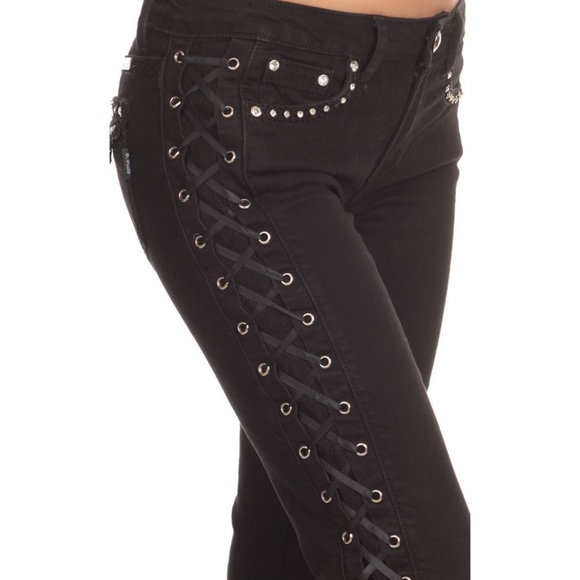 Lace Up Rhinestone Sexy Black Biker Jeans - Picture 4 of 8